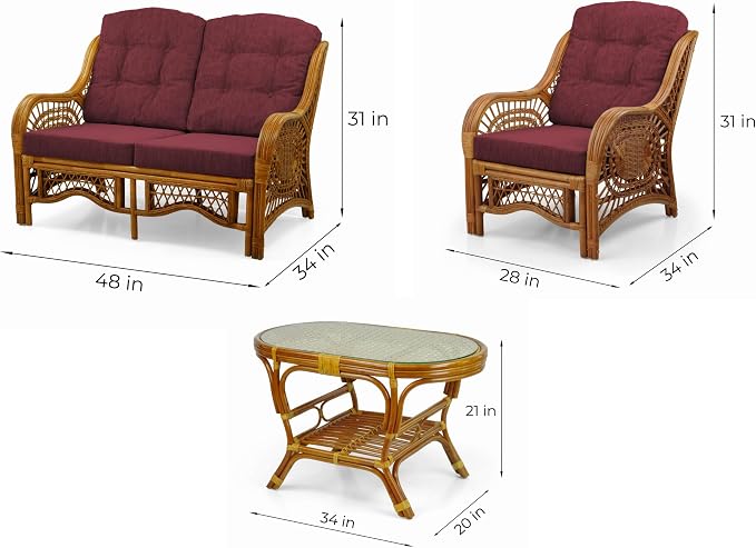 Malibu Lounge Set of 4: 2 Natural Rattan Wicker Chairs, Three-Seater Sofa with Cushions and Coffee Table with Glass Handmade, Colonial Color
