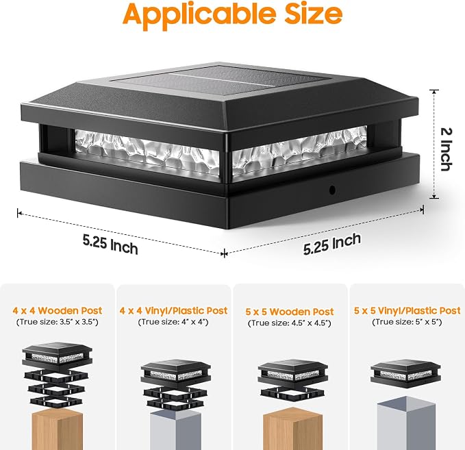 8-Pack Solar Post Lights, 2-Colors Mode 16LEDs Outdoor Decorative Post Cap Lights, Waterproof Solar-Powered Fence Posts Light, Fit 4x4, 5x5 Vinyl/Wooden Posts in Garden Yard Porch Deck, Black