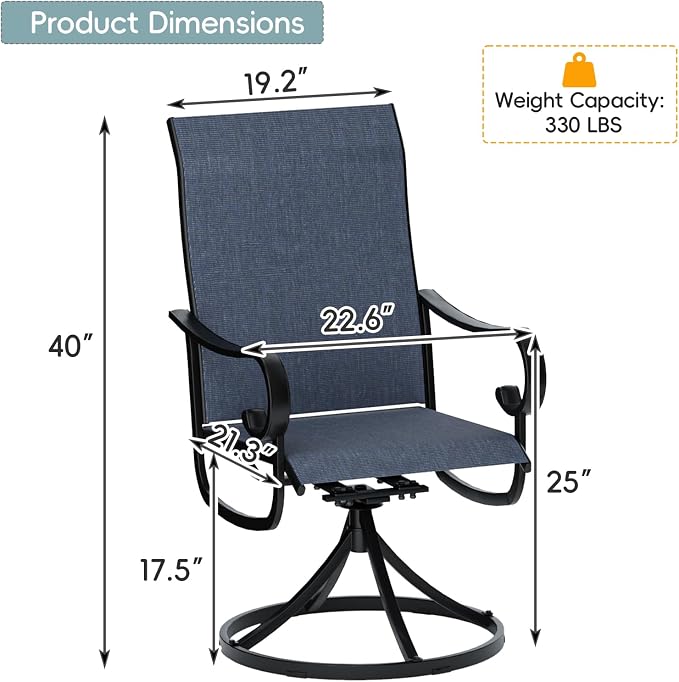 7 Piece Patio Dining Set for 6 Swivel Chairs and 47” Round Metal Table with Umbrella Hole, All Weather Patio Dining Furniture Set for Deck Lawn Backyard, Black Table and Navy Blue Chairs Set
