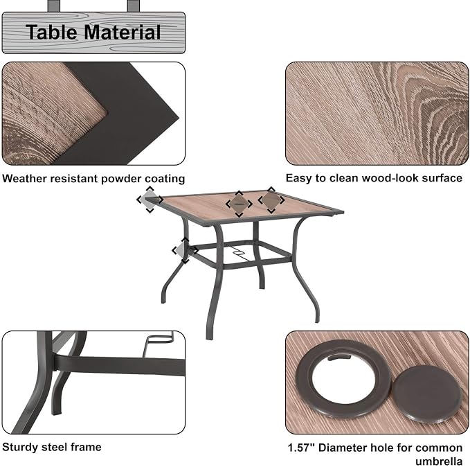 Sophia & William Square Patio Dining Table with 1.57" Umbrella Hole, Outdoor Table with Imitation Wood Tabletop and Brown Metal Steel Frame, for Lawn Garden Backyard, L37 X W37 X H28