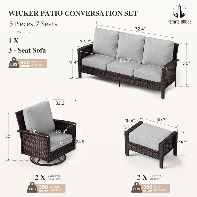 HERA'S HOUSE Patio Furniture Set with High Back Swivel Chair, 6-Piece Outdoor Wicker Sectional Conversation Set with Ottomans, 3-Seat Couch with 5.5" Thick Cushions for Deck Garden Backyard, Gray