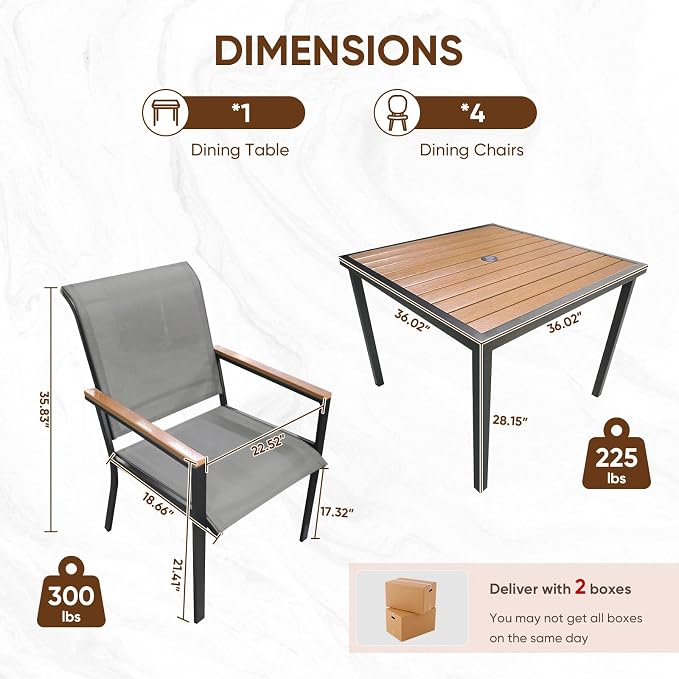 NATURAL EXPRESSIONS HDPS Patio Outdoor Table and Chairs Set for 4, Patio Dining Set with 4 Textilene Chair and 36” Square Fauxwood Patio Table with Umbrella Hole for Garden, Backyard, Deck (Grey)