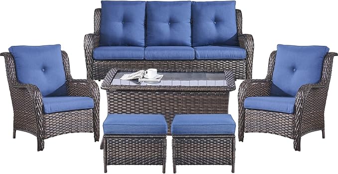 Belord Patio Wicker Sofa Set 6 Pieces Patio Furniture Set Outdoor Couch, 2 Patio Wicker Chairs with 1 Sofa, Coffee Table and Ottomans, Patio Conversation Set for Porch Garden Deck Balcony Poolside