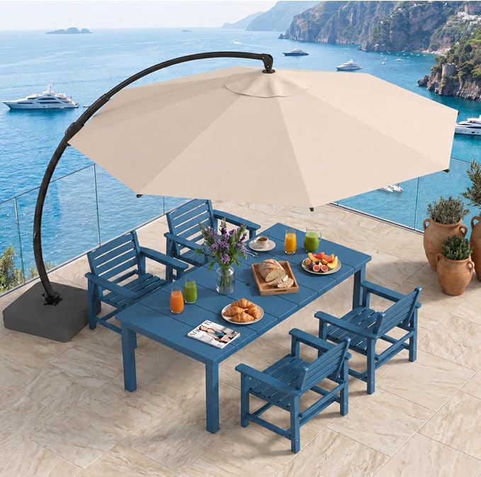 5-Piece Outdoor Dining Set with 11FT Umbrella for 4,Navy Blue | 75.2'' HDPE table, chairs included, weather-resistant furniture with hole, ideal for lawn, poolside, yard, garden, deck