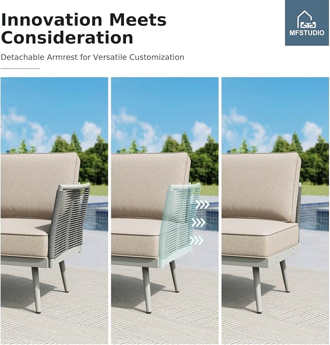 MFSTUDIO 6 Pieces Metal Patio Furniture Sets with Detachable Rope Rattan Armrest, 5 Seats Steel Outdoor Conversation Set All Weather Patio Sectional Couch with Coffee Table for Garden, Beige Cushion