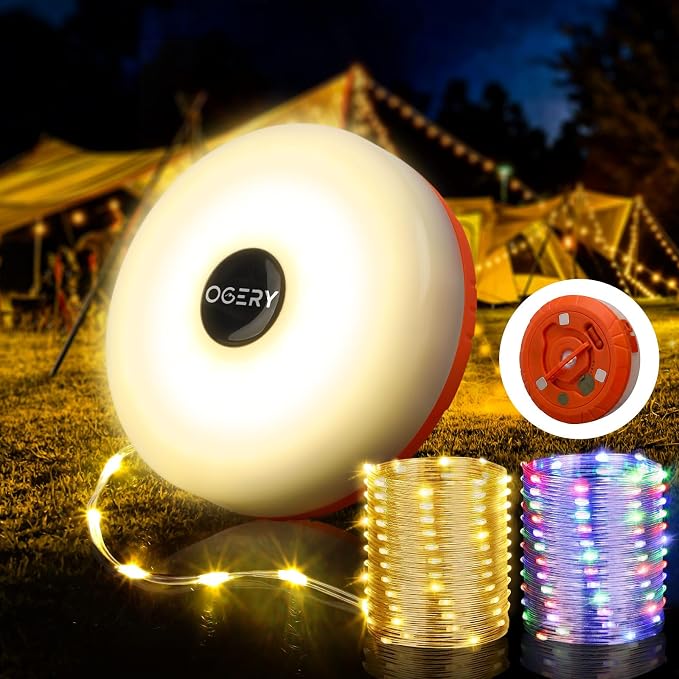 Camping String Lights 4 in 1, 32.8FT Quick Storage 8 Modes Protable | Rechargeable Fairy Tent Lights String , Hanging Waterproof LED Lamp for Outdoor Indoor Patio Awning Decor Camping Essentials
