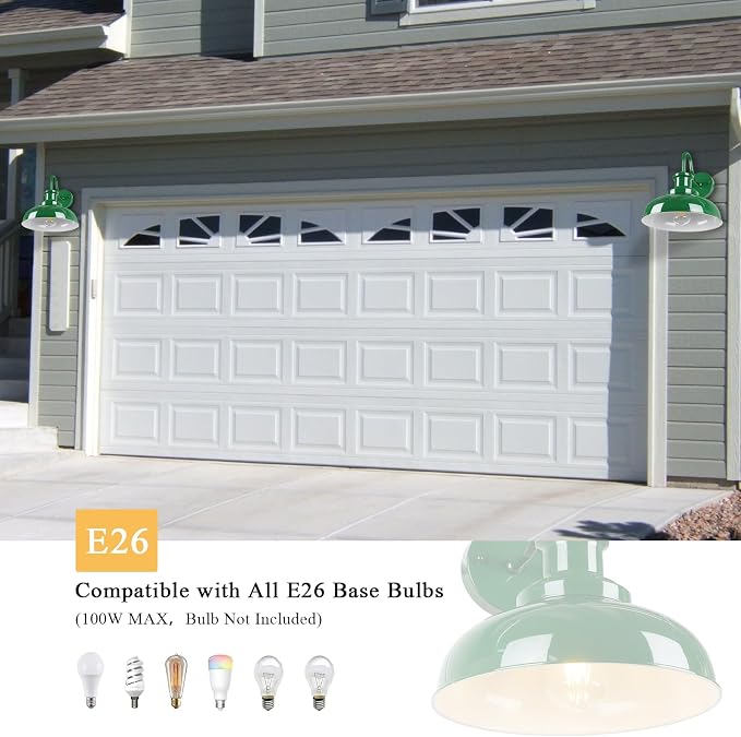 Outdoor Barn Light, Rustic Outdoor Wall Sconce, Farmhouse Exterior Wall Mount Light, Vintage Indoor Wall Lighting Fixture, Industrial Green Lantern Lamp for Porch, Garage, Patio, RZ007 GR+WH