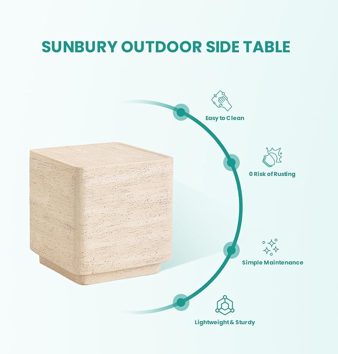 SUNBURY Outdoor Side Table, 14" W Concrete Accent End Table Rectangular Design, Patio Side Tables, Outdoor Coffee Tables, Garden Stool End Table for Living Room, Backyard, Sandy Yellow