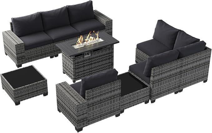 Aoxun Patio Furniture Sets with 44'' Fire Pit, 10 Pcs Outdoor Patio Coversation Set with 4'' Thicken Cushion, Widen Armrests Wicker Outdoor Sectional for Backyard & Garden, Black
