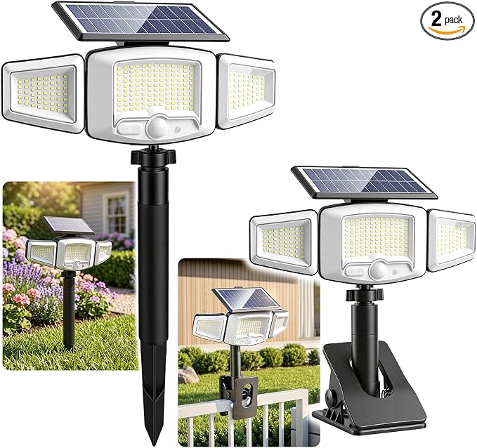 Clip-On Solar Lights, Motion Sensor Outdoor Lights with Stakes | In-Ground, Clamp or Wall Mount, USB Charging Supported, IP65 Waterproof, Solar Flood Lights for Yard, Fence, Pathway, 2 Pack