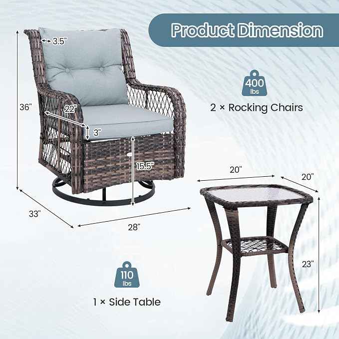 HAPPYGRILL 3 Pieces Outdoor Swivel Rocking Bistro Set with Side Table and Soft Cushions, PE Rattan Patio Furniture Set Glider Rocker Chair Set for Porch, Backyard, Garden and Poolside