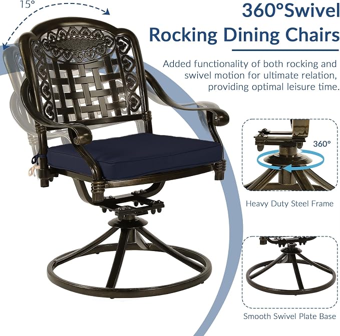SOCIALCOMF 9-Piece Patio Cast Aluminum Dining Set, Outdoor Table and Chairs Set for 8, Includes 64" Large Square Dining Table, 6 Stationary, 2 Swivel Dining Chairs with Umbrella Hole, Navy Blue
