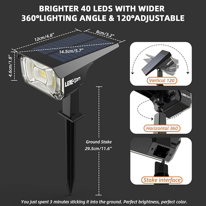 LEREKAM Solar Lights Outdoor Waterproof Landscape Lights, 40 LEDs Solar Spot Lights Outdoor Spotlights with 3 Light Modes, USB & Solar Powered Garden Yard Wall Lights Auto On/Off for Patio 6 Pack