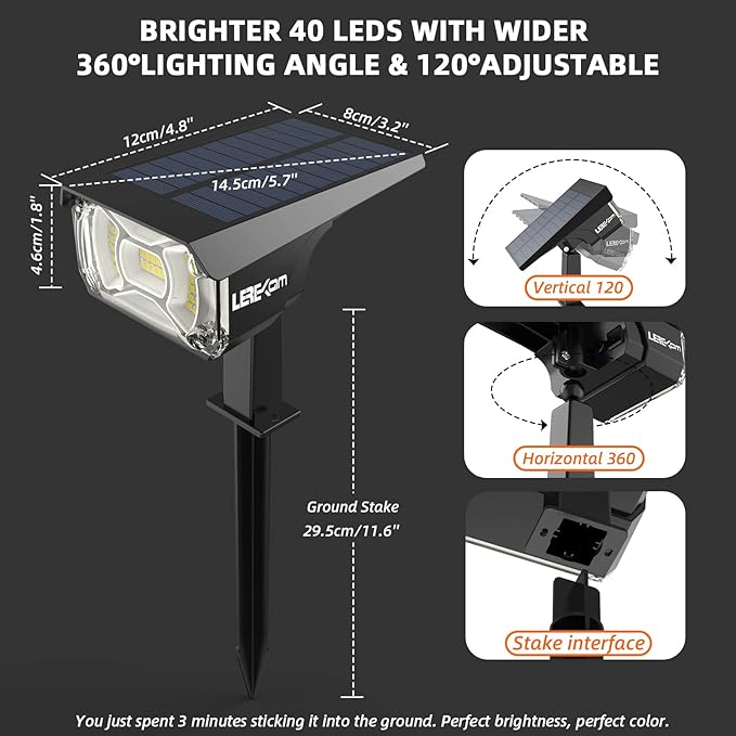 LEREKAM Solar Spot Lights Outdoor,40 LEDs Solar Outdoor Waterproof Landscape Lights with 3 Light Modes, Solar Powered Garden Yard Wall Lights Auto On,Off for Patio 8 Pack
