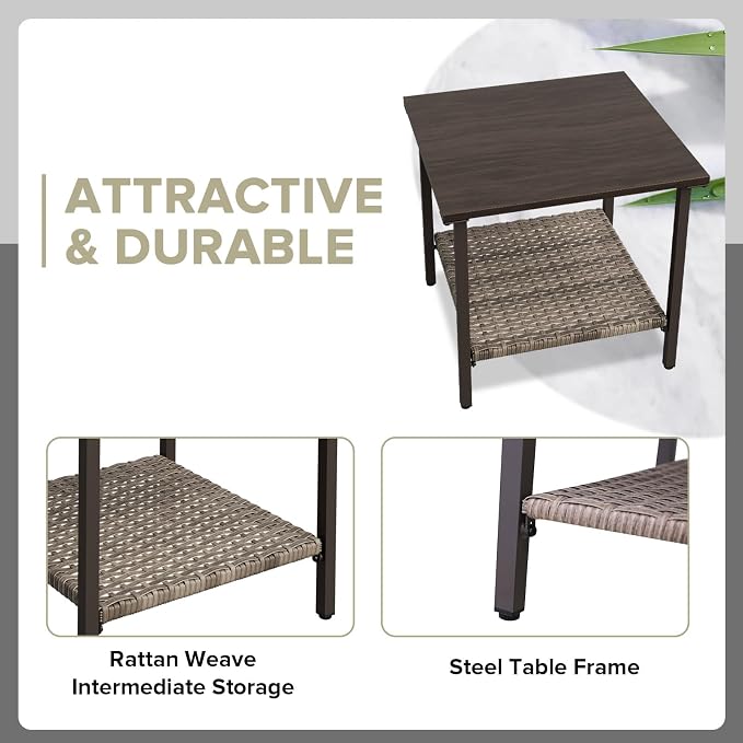 COOS BAY Aurora Terrace Outdoor Side Table, 2 Tier Metal Patio Table with Storage, Wood Grain Top Garden Side Table, All Weather Wicker Furniture