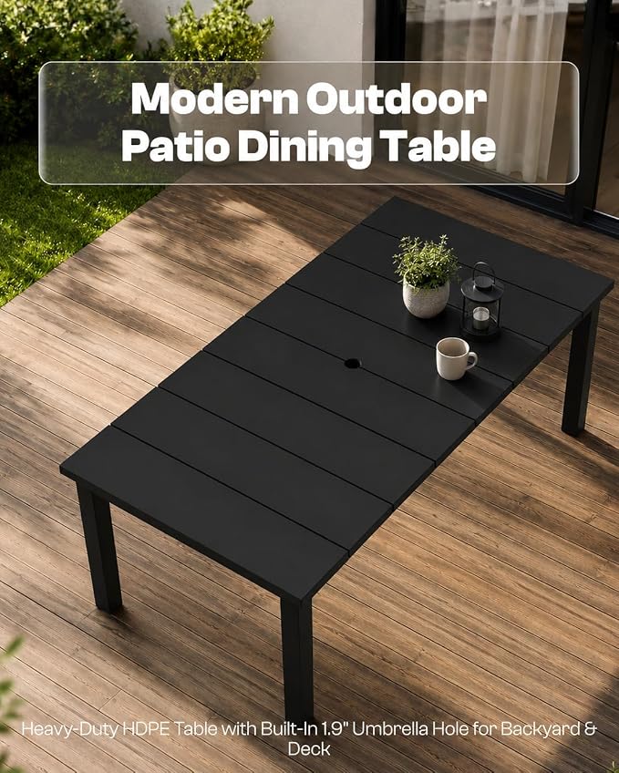 75.2" HDPE Outdoor Dining Table for 4-6 People, Rectangular Patio Dining Table with Umbrella Hole, All Weather Patio Dining Outdoor Table for Deck, Backyard and Garden, Black