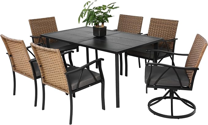 GDFStudio 7 Piece Patio Dining Set,Outdoor Wicker Furniture Set for Backyard Garden Deck Poolside with 2 Cushions Swivel Rocker Chairs,4 Cushions Chairs,Table Top, Removable Cushions