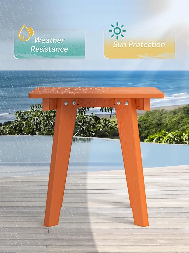 Outdoor Side Table, HDPE Weather Resistant Small Patio Table for Porch and Balcony, 200 LBS Capacity Heavy Duty Small Outdoor Table for Backyard and Pool, Easy Maintenance, Orange