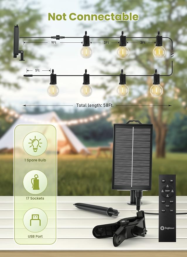 Brightown 58FT Solar String Lights Outdoor, IP65 Waterproof, Remote, Timer | Patio Lights with 17 LED Shatterproof Bulbs, 3 Light Modes, Dimmable, Outside Light for Backyard Porch Yard Party Xmas Decor