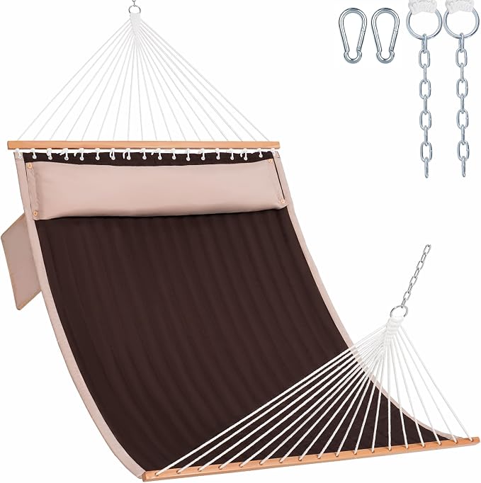 Lazy Daze Hammocks 2 Person Double Quilted Hammock with Spreader Bar, Detachable Pillow & Side Pocket, 450lbs Capacity for Patio Yard Garden Outdoor, Brown