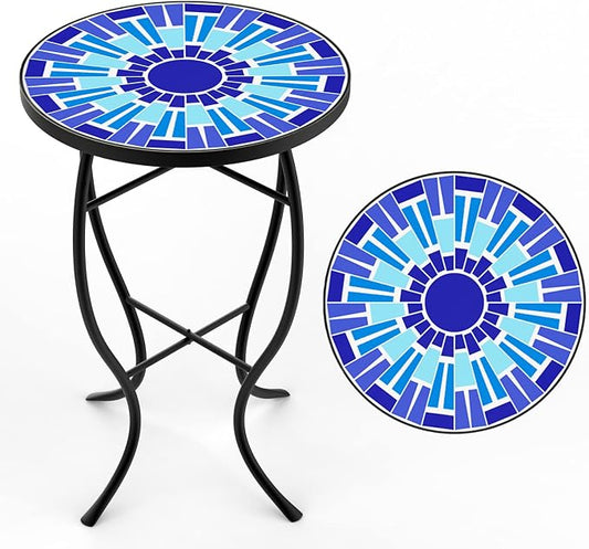 FROMJBEST Mosaic Outdoor Side Table, Patio Side Table, Weather Resistant 14" Diameter 21" H Ceramic Tile Round Outside Table for Patio, Porch, Garden, Pool, Indoor&Outdoor,Plant Stand (Vortex)