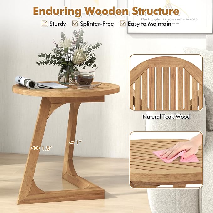 Giantex Teak Wood Outdoor Side Table Set of 2, Round Patio End Table with Slatted Tabletop, Waterproof Sofa and Couch Side Table for Porch, Poolside, Living Room, Small Spaces, Easy Assembly, Natural