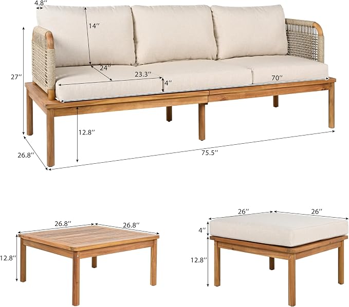 Virubi 3-Piece Acacia Wood and Rope Patio Sofa Set, Water-Repellent Cushions, Wide Deep Seats with 3-Seater, Ottoman & Table, Outdoor Conversation Set for Patio Garden