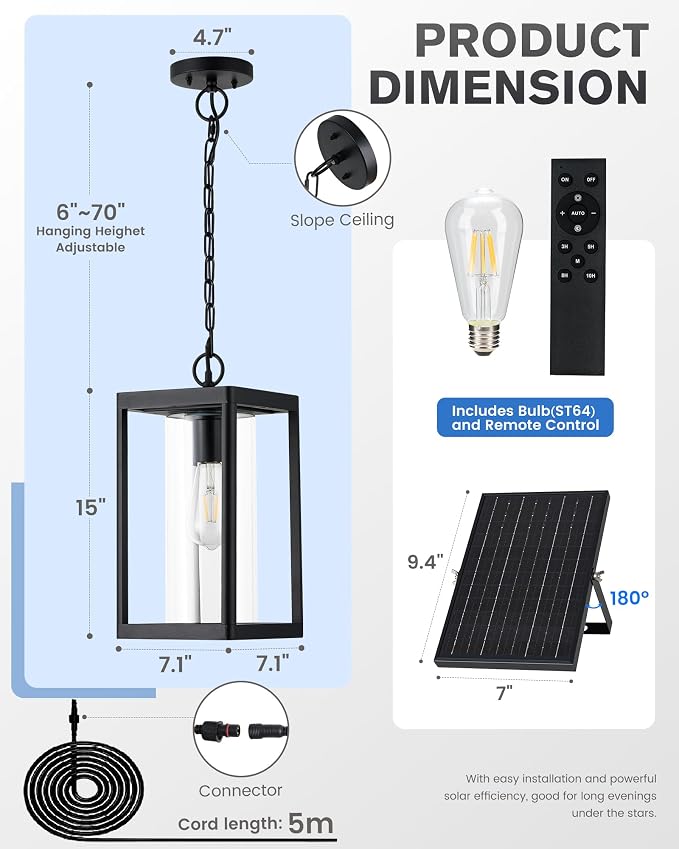 Beionxii 15" Solar Outdoor Pendant Light,Farmhouse Exterior Hanging Lantern | Anti-Rust Aluminum, Waterproof, Dusk to Dawn Modern Outside Chandelier w/Remote and Bulb for Coastal, Porch, Patio, BXA291-SH