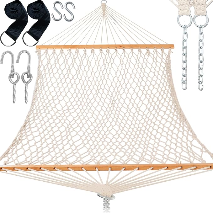 Gafete Rope Hammocks Swing with 5ft Tree Straps, Traditional Hand Woven Cotton 52" Double Hammock with Free Chains & Straps & Hooks & Hardwood Spreader Bar for Outside Outdoor, Max 450Lbs (Natural)