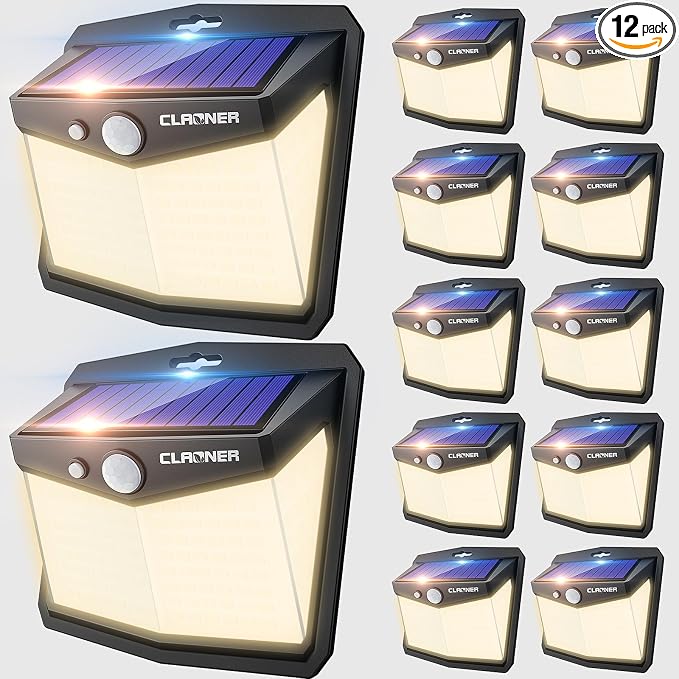 CLAONER Solar Lights Outdoor, [128 LED/12 Packs] Motion Sensor Lights 3 Working Modes for Outdoor with 270° Wide Angle Wireless IP65 Waterproof Security Light for Fence, Patio, Warm White