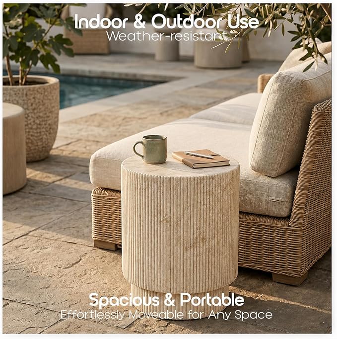 LeisureMod Eden Modern Side End Table – Indoor and Outdoor Accent Table for Living Room, Bedroom, Patio, Balcony, Porch, Garden, Small Spaces in Travertine