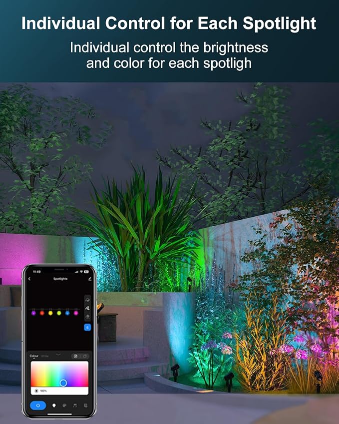 Spotlight Outdoor Smart Low Voltage Landscape Lights, 6 Pack | IP65 Waterproof, RGBW Color Changing, For Yard Garden, 54Ft