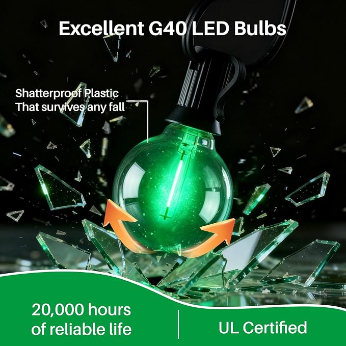 25 FT Green Outdoor String Lights,13 Plastic Edison Bulbs, E12 Base | G40 globe shatterproof bulbs, IP65 waterproof, dimmable LED, for backyard porch balcony party decor