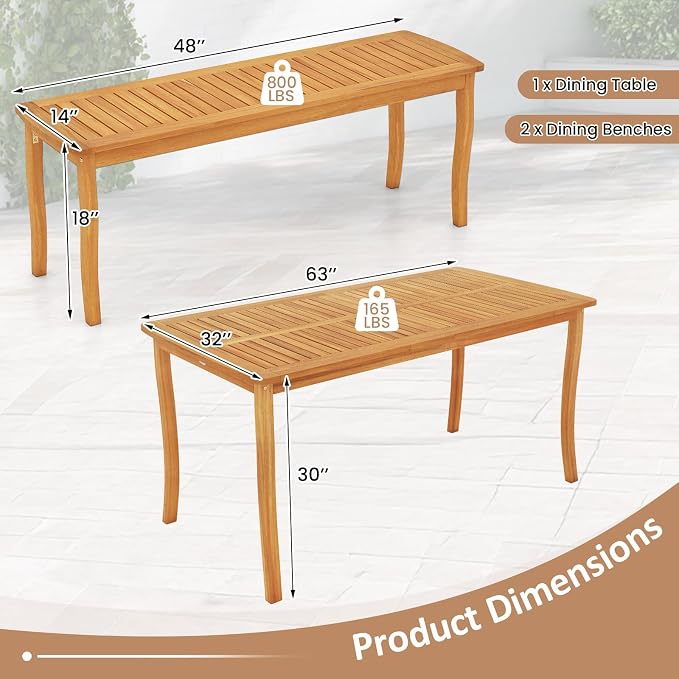 Tangkula 3 Pieces Patio Wood Dining Set, 63 Inch Outdoor Acacia Rectangular Table with 1.97” Umbrella Hole and Benches Set, for Deck, Garden and Backyard