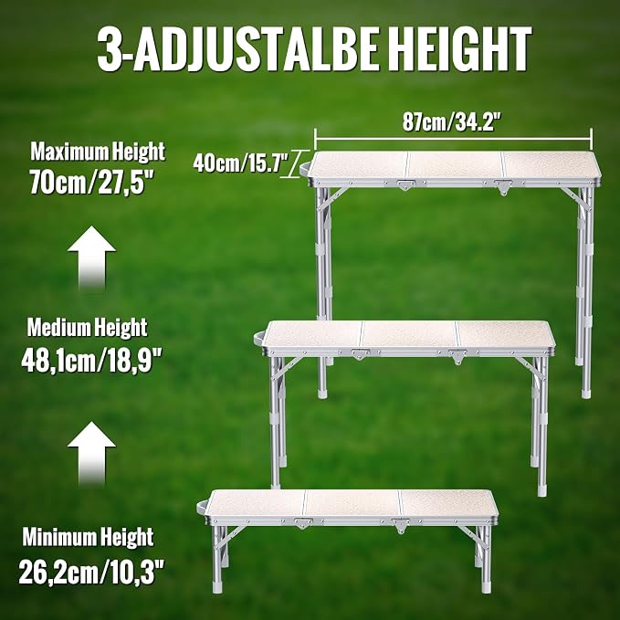GARLLEN 3 Adjustable Height Folding Grill Table and Camping Table,Lightweight Folded Picnic Table for Camping, BBQ, Outdoor