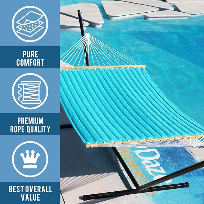 Lazy Daze Hammocks 12 FT Double Quilted Fabric Hammock with Spreader Bar and Detachable Pillow, 2 Person Hammock for Outdoor Outside Patio Garden Yard Pool Beach, 450lbs Weight Capacity (Blue)