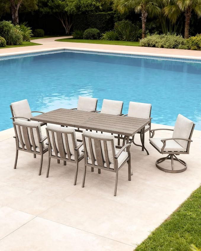 9-Piece Patio Dining Set, Never-Rust Aluminum Outdoor Dining Set for 8, Patio Furniture Sets, 6 Dining Chairs, 2 Swivel Dining Chairs for Decks, Garden, Backyard, Lawn, Limed Oak