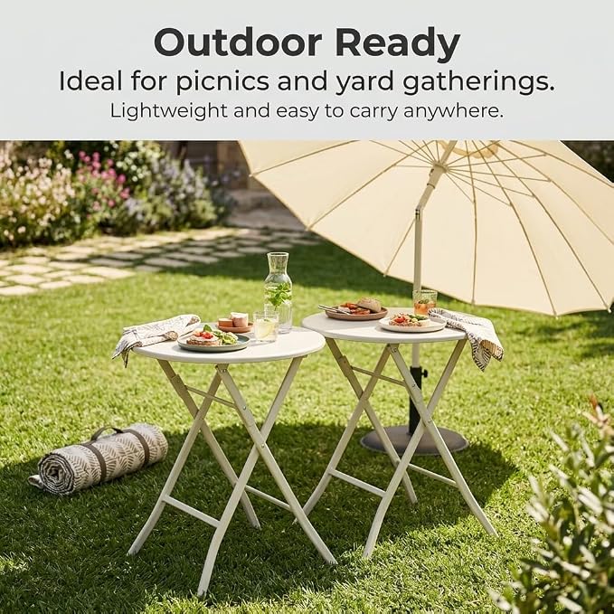 Round Foldable Table,Outdoor Patio Table with Stainless Steel Frame for Balcony, Garden, Patio and Indoor Use (Off-White)