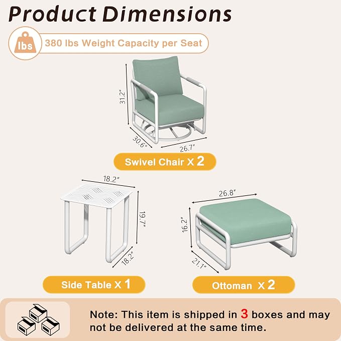 5-Piece Outdoor Swivel Rocker Set with Ottomans, Aluminum Frame & 6.5" Thick Cushions, 380LBS Capacity & Side Table for Porch, Backyard