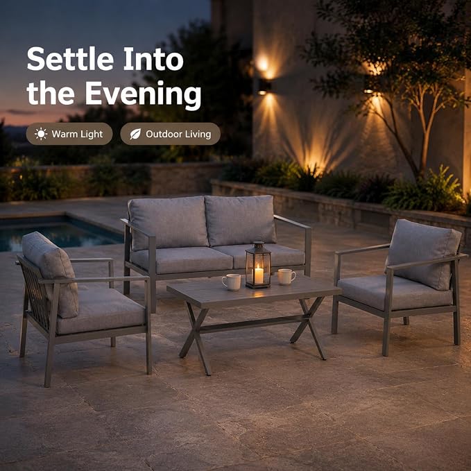 Aluminum Patio Sectional Furniture Set, 4 Piece Patio Conversation Sets Outdoor Patio Furniture Set Sofa with Coffee Table & Washable Cushions Grey