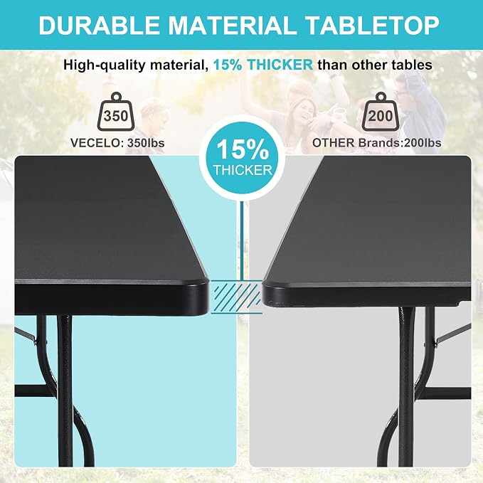 VECELO 6Ft Folding Picnic Table,Indoor Outdoor Plastic Portable Foldable Desk with Handle, Mesh Trash Bag&Lock Legs Heavy Duty for Camping, Dining, Party, Black