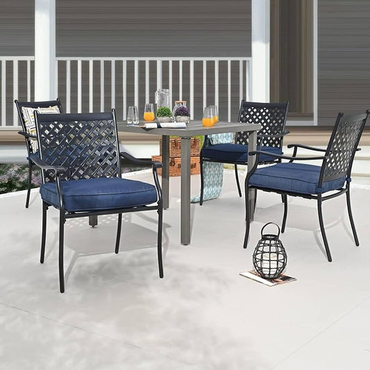 Patio Dining Set 5Pcs Outdoor Metal Furniture Dining Sets Wood Grain Suqare Table Chairs Set with Blue Cushion Galvanized Steel Frame