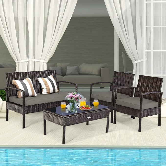 HAPPYGRILL 4-Piece Patio Furniture Set, Garden Pool Lawn Rattan Wicker Conversation Set, Loveseat Sofa Cushioned Seat & Glass Top Coffee Table