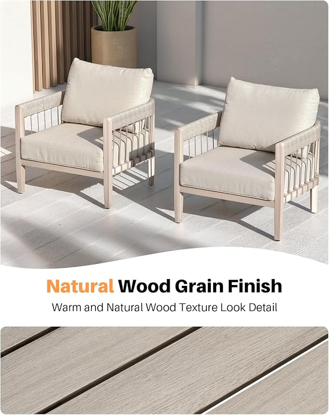 Patio Sofa Chairs Set of 2, Never-Rust Aluminum Outdoor Armchairs with Faux Wood Grain Finish, 2 Pieces Rope Weave Outdoor Sofa Chairs with Removable Cushions for Garden, Backyard, Deck