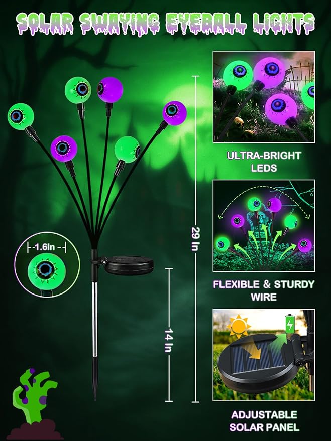6 Pack Solar Halloween Decorations Outdoor 36 LED Solar Eyeball Lights | Purple and Green Halloween Lights, Sway by Wind, IP65 Waterproof, 2 Modes, for Pathway Garden Yard Lawn Horror Party Decor