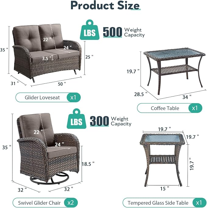 5 Piece Patio Furniture Set - Wicker Patio Conversation Set with Swivel Glider, Glider Loveseat, Tempered Glass Side Table and Coffee Table for Deck Backyard - Brown Wicker Grey Cushion