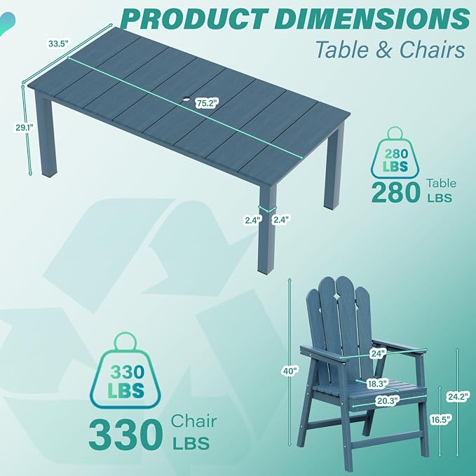 9 Piece HDPE Outdoor Dining Set for 8, Patio Table Chairs,Navy | 89.4” table,8 person outdoor table and chairs set, fade resistant HDPE, strong structure built for backyard entertaining