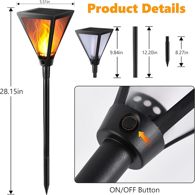 iBaycon 2 Pack 28in Solar Flame Torch Lights Outdoor Landscape Pathway Lamp | Solar Garden Lights Warm White, Flickering Flame Light Outdoor Waterproof for Yard Lawn Pathway Landscape Decorations