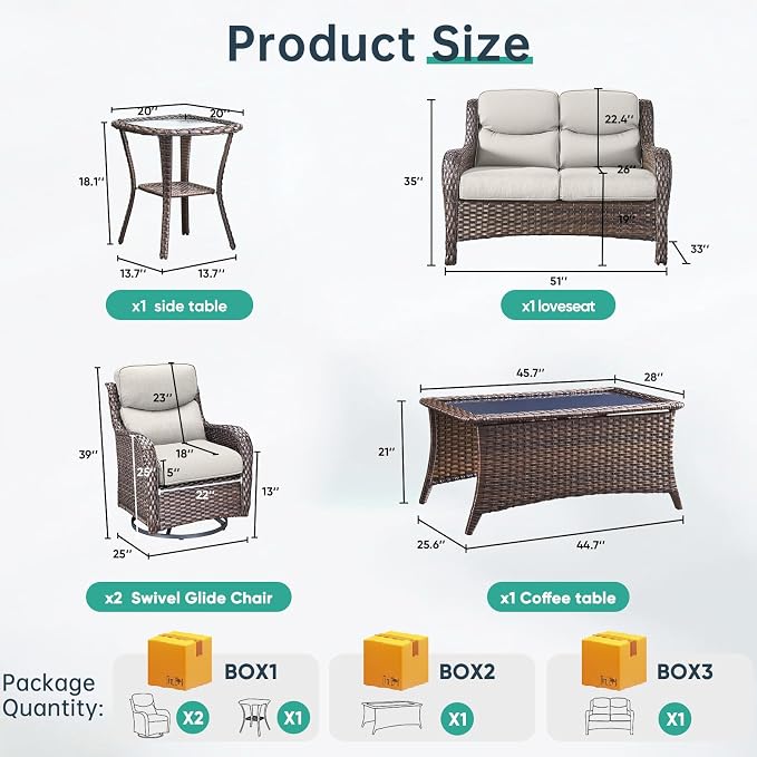 Outdoor Swivel Rocker Patio Chairs Set of 5 with Loveseat - 5" Thick Cushion 5 Piece Furniture Set with Sofa All Weather Wicker Conversation Set for Porch Deck - Brown Wicker | Beige Cushions