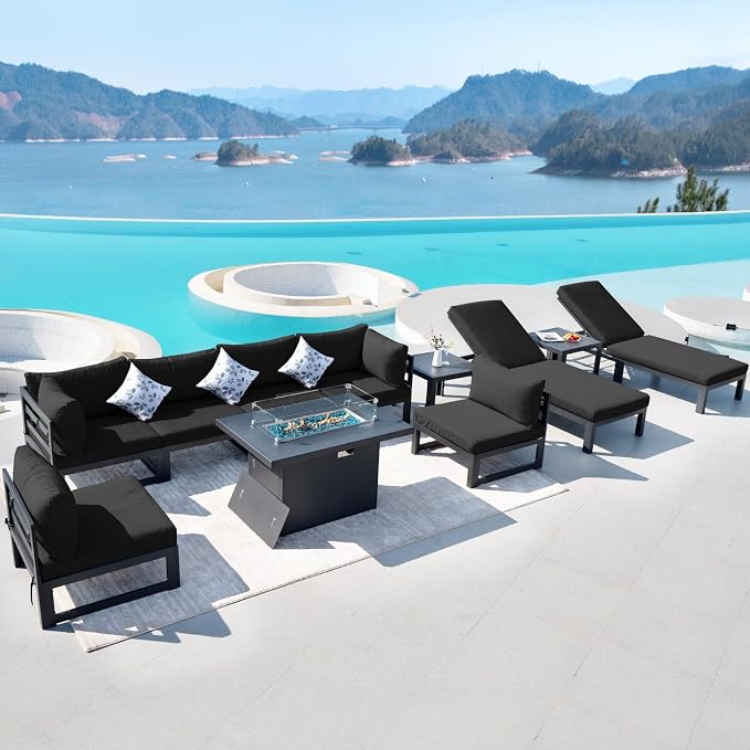 RADIATA 11 Pcs Extra Large Modern Aluminum Outdoor Furniture Set with Lounger & Fire Pit Table, 29 inch Deep Wide Couch Set, 500 lbs Heavy Duty Comfortable Patio Sectional Sofa for Edge of Pool, Black